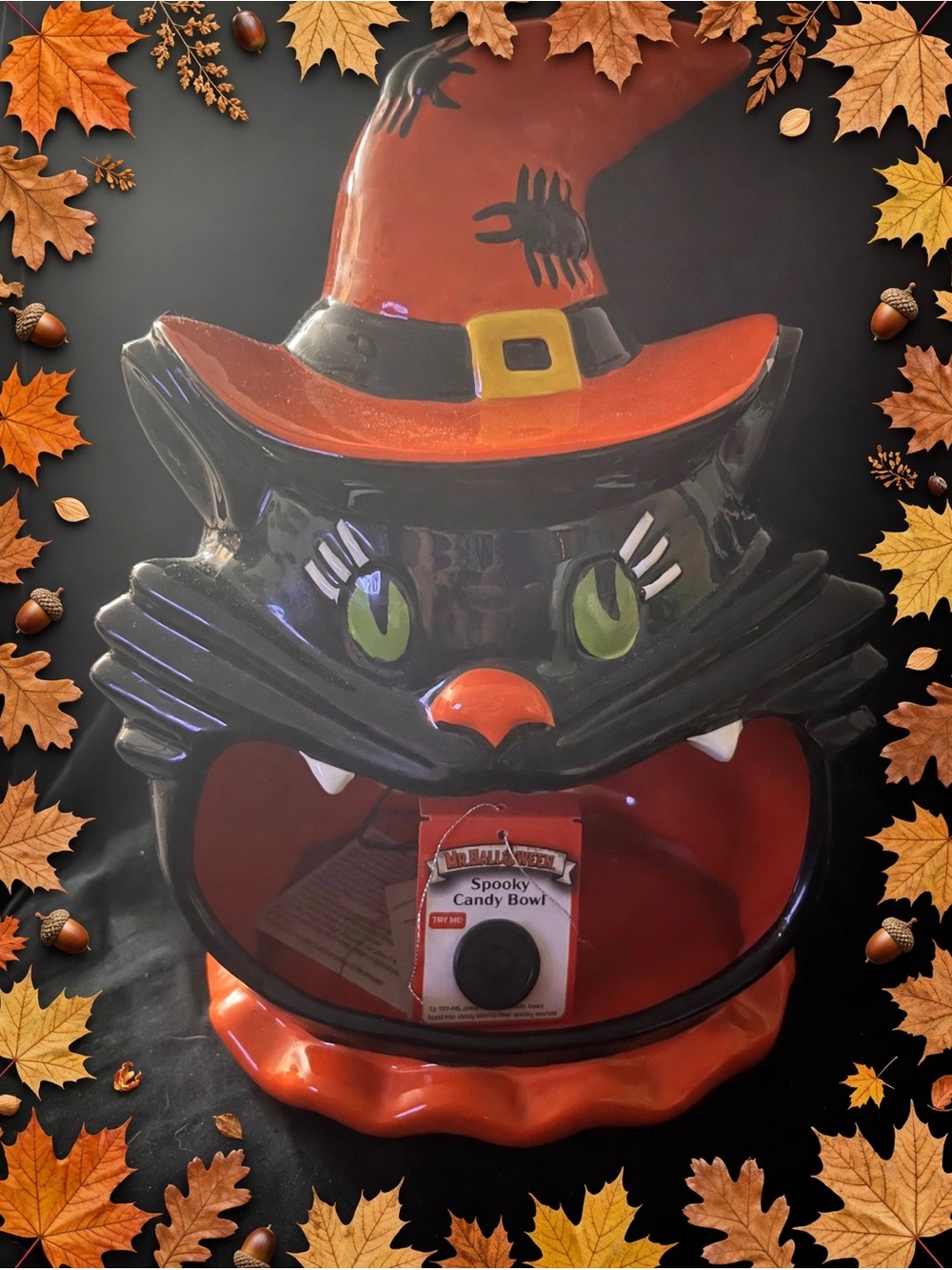 Black Cat Halloween Candy Bowl with Orange Witch Hat